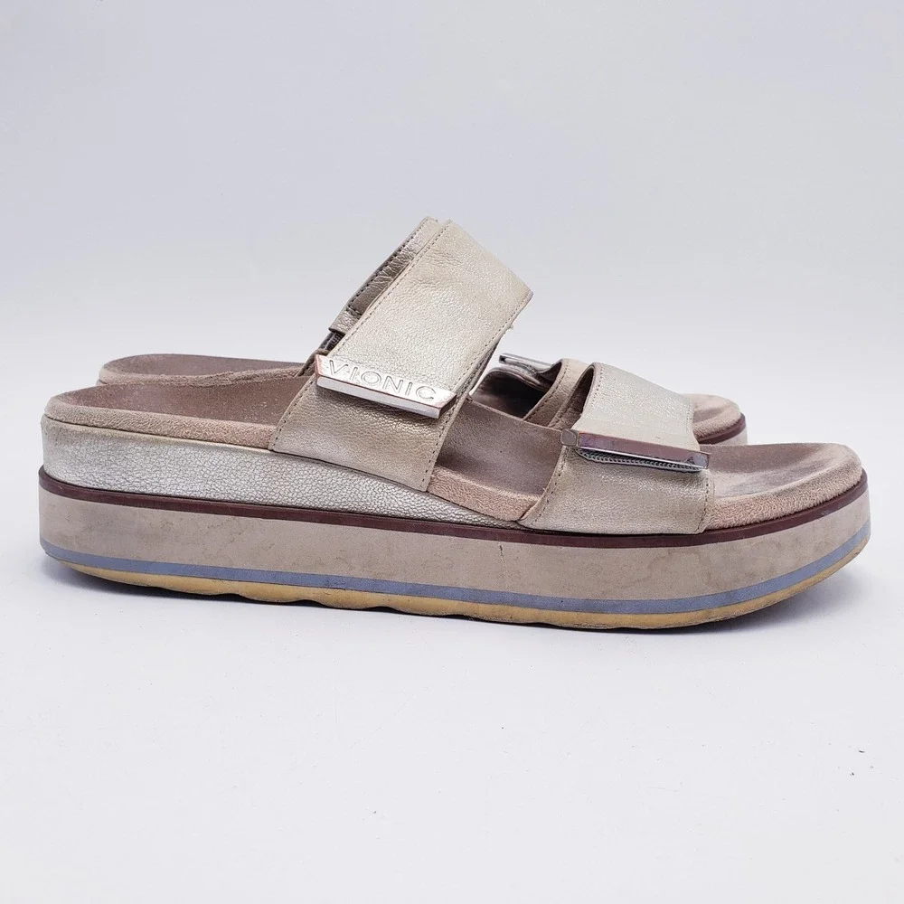 Vionic Brandie Metallic Champagne‎ Leather Platform Slide Sandals Size 7